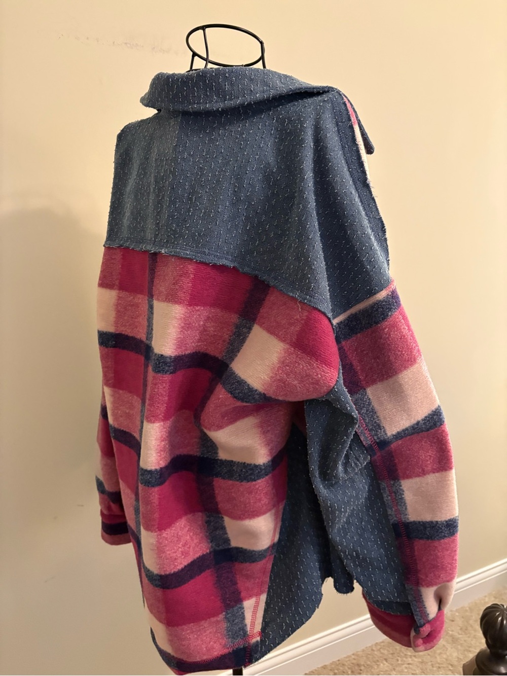 Women's Magenta Plaid Button-Front Jacket with Denim Trim - Picture 4 of 4